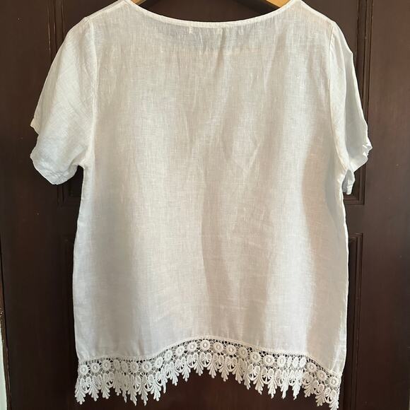 TERZO MILLENNIO | White Linen Short Sleeve Blouse with Lace Edge | Size Medium - Picture 5 of 5